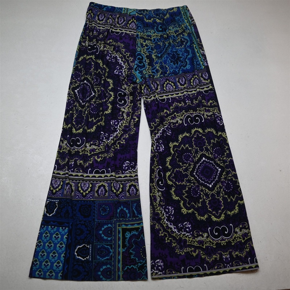 Chicos 12 Purple Floral Paisley Pull On Stretch Wide Leg Flare Womens Pants - Picture 9 of 9